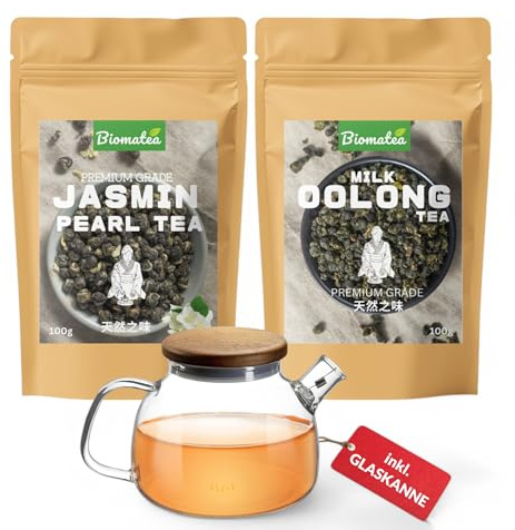 Biomatea Tee-Set | 100g Jasmin Perlen + 100g Milky Oolong Tee + 580ml Glas Teekanne mit Edelstahl Sieb und Holzdeckel | Teeliebhaber Geschenkidee