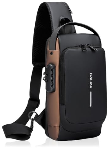 JIIJCAAC Bolsa bandolera antirrobo para hombres y mujeres, bolsa cruzada segura con bloqueo de contraseña y puerto de carga USB, bolsa de pecho impermeable para senderismo, correr, viajes, Black, 6.3