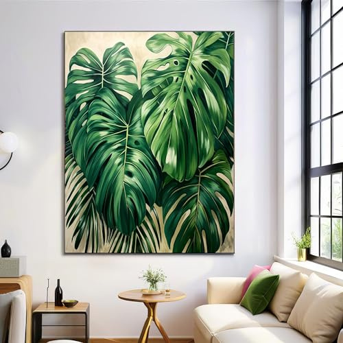 Painting Arte Mural En Lienzo De Verde Esmeralda, Monstera Natural Impresión En Lienzo, Impresiones Murales Plantas Tropicales, Cuadro Decorativo De Pared Para Dormitorio Salón, 70X100Cm