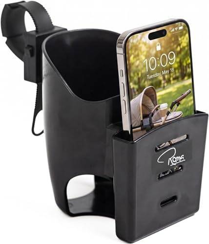 Roma 2-in-1 Pram Cup Holder with Phone Holder | Universal Stroller & Wheelchair Accessory | Large Bottle Holder Compatible with Stanley Quencher & Travel Mugs | No-Tool Easy Setup