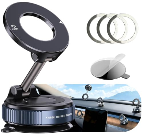GONSIFACHA Magnetisk Mobilhållare för Bil, Vakuum Sugkopp Mobiltelefonhållare 360° Roterbar, Hopfällbar & Portabel, Stark Magnet, för Vindruta & Släta Ytor, kompatibel med iPhone 17 16 15 14 13 12