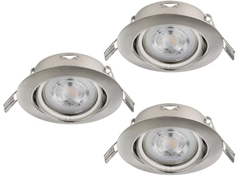 EGLO 3-pack LED infällda spotlights Favazzina, runda takspots | platta metall i silver, inkl. GU10 ljuskällor, varmvit, Ø 8,8 cm