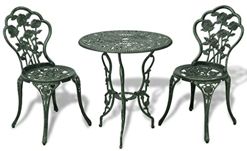 QJBSAVVA Set da bistrò in alluminio pressofuso verde, 59 x 59 x 62 cm, design floreale, salvaspazio, per piccoli balconi, giardini e terrazze