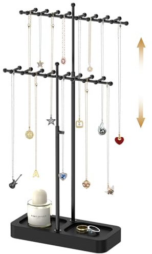 MODOWEY Necklace Holder Organizer Stand with Wood Tray, 36 Hooks Tall Display Tree for Women Men Vendors, Adjustable 2 Tier Metal Jewelry Rack, Large Capacity for Dresser Small Space, Black+Black