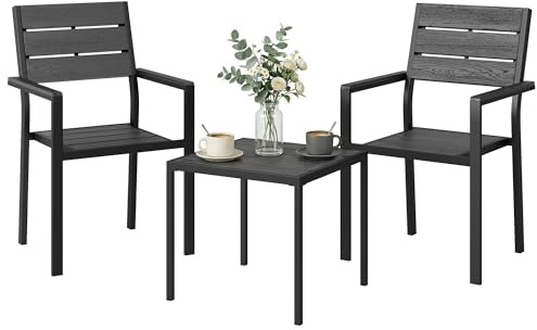 Outsunny Conjunto de Mesa y Sillas de Terraza Exterior 3 Piezas HDPE Negro | Muebles de Jardín Exterior, 2 Sillas y Mesa, Diseño Listones Efecto Madera, Marco Metal Resistente, para Patio Balcón