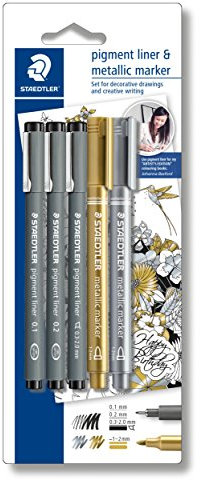 STAEDTLER pigment liner und metallic Marker im Set, hohe Qualität, Set mit 3 Finelinern schwarz und 2 Metalic Markern gold und silber, 308 SBK3P3