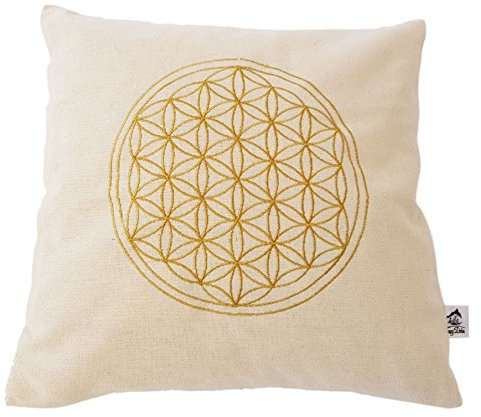 myZirbe Blume des Lebens - Kissenhülle - Bestickt mit Lebensblume Gold gelb 100% Baumwolle, Größe:40 x 40 cm