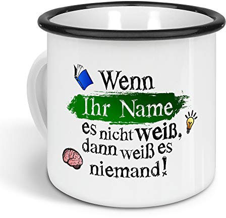 printplanet - Emaille-Tasse klein mit Namen personalisiert - Motiv Wissen - Nostalgie-Becher, Camping-Tasse, Blechtasse, Farbe Schwarz, 300ml