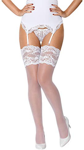 Selente Lovely Legs verführerische Damen Straps-Strümpfe mit edler Spitze, made in EU, weiß-breiter-Saum, Gr. S/M