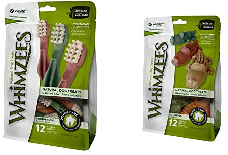 WHIMZEES Natürliche Getreidefreie Zahnpflegesnacks, Kaustangen für Hunde, Krokodil M, 12 Stück, 30 g & Natürliche Getreidefreie Zahnpflegesnacks, Kaustangen für Hunde, Zahnbürste M, 12 Stück à 30 g
