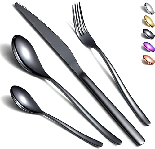 Kyraton Juego de negro cubiertos 24 piezas, juego de cubiertos de titanio negro fuertede acero inoxidable, antióxido, apto para lavavajillas, vajilla para 6 personas