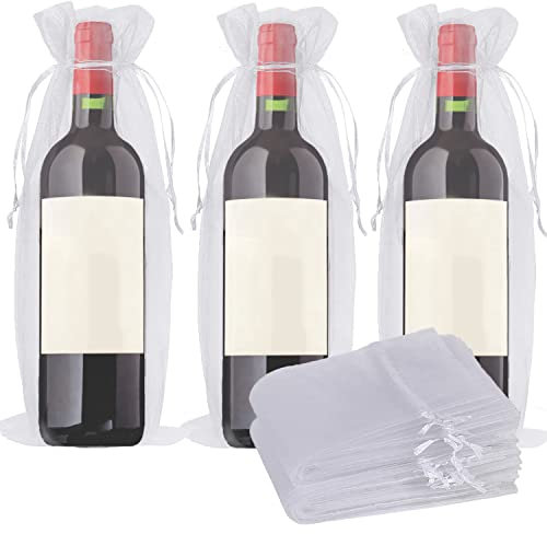 VIKSAUN 20 Stück Wein Beutel Organza, Organza Weinflasche Geschenktüte mit Kordelzug, Geschenktüten für Wein, Weinflasche Geschenkbeutel für Wein Champagner Hochzeit Weihnachten Party (Weiß)