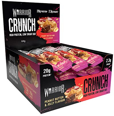 Warrior Crunch - High Protein Bars - 20g Protein Each Bar - Low Carb, Low Sugar Snack - 12 Pack x 64g (Peanut Butter Jelly)
