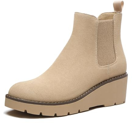 Athlefit Women's Chelsea Wedge Boots Elastic Platform Lug Sole Slip on Wedge Ankle Nude Booties Size 7.5