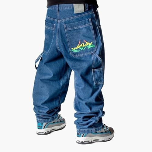 The blueskin Baggy Jeans Uomo Skate Pantaloni Larghi Hip Hop Rap - Colore Blu Used Stone Wash Scuro - W 30 IT 44