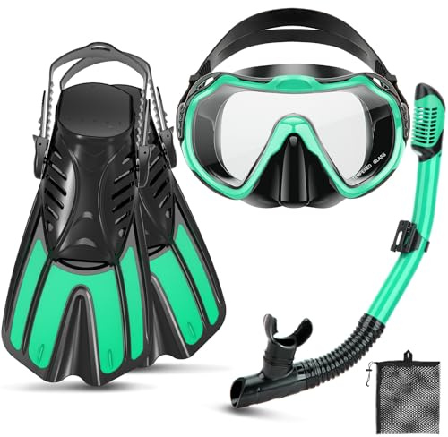 CTSAYTL Snorkeling Gear for Kids Adults, 4 in 1 Travel Mask Fins Snorkel Set with Panoramic View Anti Fog Mask, Dry Top Snorkel, Trek Fins and Travel Bag, Snorkel Gear for Swimming Diving Snorkeling