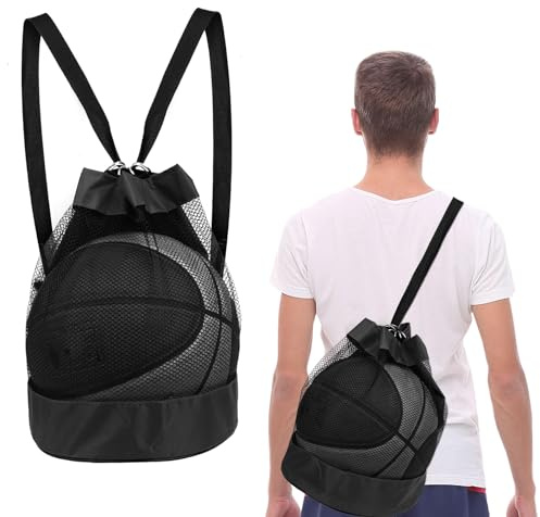 Molain Sacchi da pallone, rete da calcio, borsa a rete, borsa da spiaggia, zaino portatile, per calcio, basket, tennis, pallavolo, rugby (nero)
