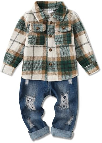 Lufebut Baby Kleidung Jungen Winter Babykleidung Outfit Set Langarm Kariert Top + Hose Bekleidungssets für Kinder Jungen Grün 2-3 Jahre