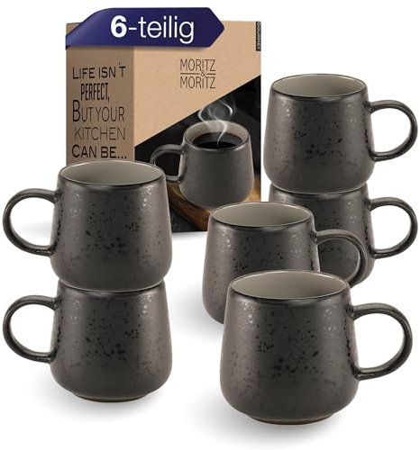 Moritz & Moritz SOLID UNI Kaffeetassen 6 Personen Grau - Modernes Steinzeug Tassen Set - Mikrowellen- & Spülmaschinenfest - Tassen mit Henkel für Kaffee, Tee, heiße Schokolade, Cappuccino