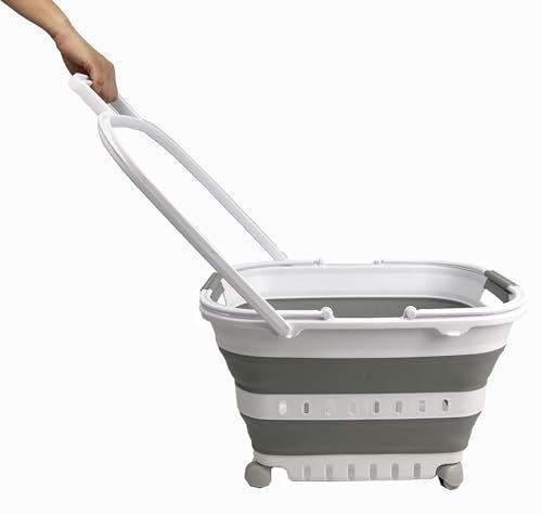SAMMART 35L Collapsible Plastic Laundry Basket with Handle and Wheels - Foldable Pop Up Storage Container/Organizer with handle and wheels - Space Saving (1, White/Grey)