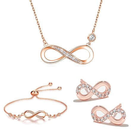TOFBSInfinity Schmuckset Damen Unendlichkeit Symbol Kristall Halskette Armband Ohrstecker Ewigkeit Schmuck Silber Glänzend Elegant