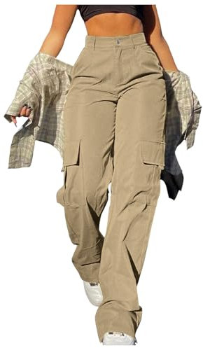 Generisch Cargohose Damen Baggy Weite Hosen Y2K Teenager Mädchen Multi Taschen High Waist Stretch Wanderhose Sport Jogginghose Wanderhose Outdoorhose Trekkinghose Cargo Parachute Pants Streetwear
