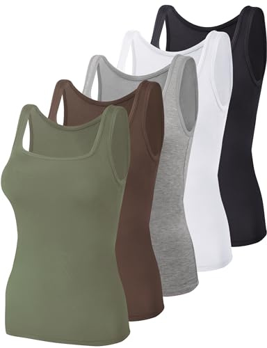 BQTQ 5 Pcs Women's Square Neck Tank Tops Sleeveless Vest Tops Undershirts | Square Neck Undershirts for Women, Slim Fit and Stretchy Summer Tank Tops Ribbed Sleeveless Layering Vest Tops