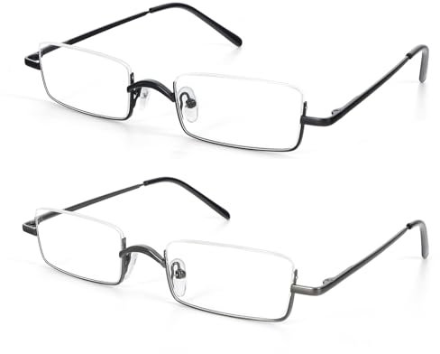 MMOWW 2 Pairs Half Frame Reading Glasses Metal Rectangle Slim Half for Men Women Spring Hinge Slim Readers Semi Rimless (Black+Grey, +1.5)