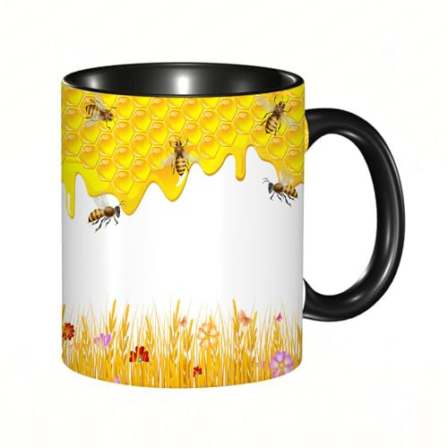 EKLMPS Tazas de Café,Taza de Cerámica para Té y Café,330ml/11oz,Regalos original,Aniversarios,nupical,desayuno,Románticos,Panal de abejas geométrico, colmena y flores de manzanilla, flores de primaver