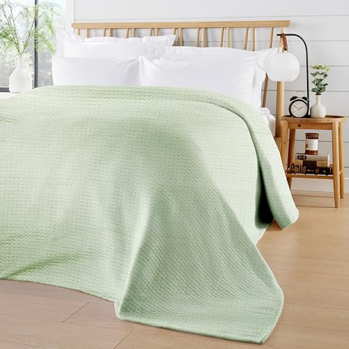 Olivia Rocco Florian Throw Blanket 100% Cotton Checked Design Bedspread Throws for Sofas armchairs Sofa Settee Couch Bed Cover Over Blankets 180 x 250 cm, Sage Green