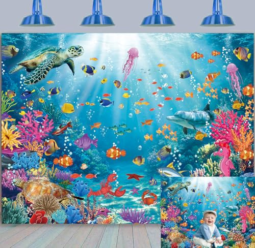 Toile de fond sous-marine pour aquarium, coraux, poissons tropicaux, décoration de fête sur le thème de l'océan pour décoration de fête d'anniversaire de garçon (2,1 x 1,5 m)