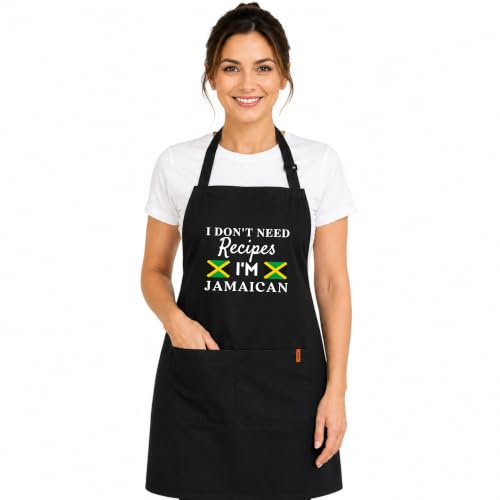 Be Buz I Don't Need Recipes, I'm Jamaican Adjustable Long Apron with two Pockets Chefs Home Cooks Baking Cooking Kitchen Grilling and BBQ Apron gift for him her