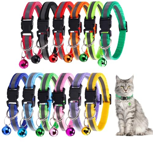 12 stycken reflekterande katthalsband, kattsäkerhetslås, justerbar längd 20–32 cm, mjukt, hudvänligt katthalsband med klockor för alla katter och valpar (12 färger)