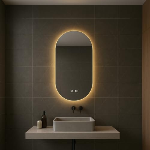 Bayt Specchio da bagno – Specchio da parete ovale con illuminazione, anti-appannamento, 2 modalità di illuminazione, 50 x 90 cm, bianco