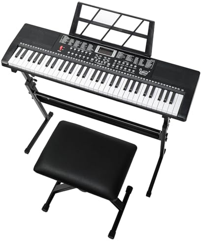 Bonnlo 61-Tasten Keyboard Piano Set mit Klavierständer & -hocker, 200 Klangfarben, 200 Rhythmen und 60 Demosongs, Digitalpiano tragbar, LED-Bildschirm mit 3 Lehrmodi, Schwarz