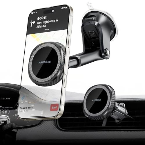 APPS2Car Support Telephone Voiture Magnetique,[Ventouse Puissante +17*N52 Aimants] Porte Téléphone Voiture pour Grille Aeration/Tableau de Bord/Pare-Brise Compatible avec iPhone & Magsafe Case
