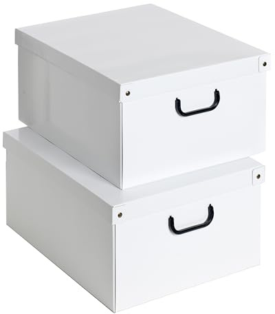 Set aus 2 Aufbewahrungsboxen mit Deckel Weiss – Große Kleiderboxen aus Karton 40x50x25 cm – Robust, leicht zu montieren, mit Tragegriffen – Perfekt für Kleiderschrank & Saisonwechsel Karte