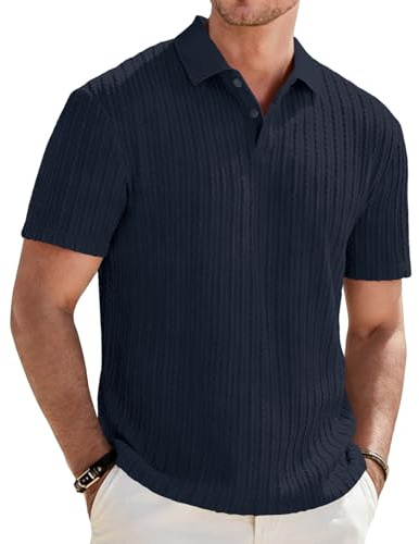 Focixfor Men's Polo Shirts Short Sleeve Button Regular Fit Casual Golf Striped Shirt Navy Blue XL