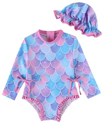 DivingBirds Bañador de manga larga para niña, traje de baño de una pieza con capucha, material elástico, diseño colorido para 3-24 meses, Caseta de pescado., 18-24 meses