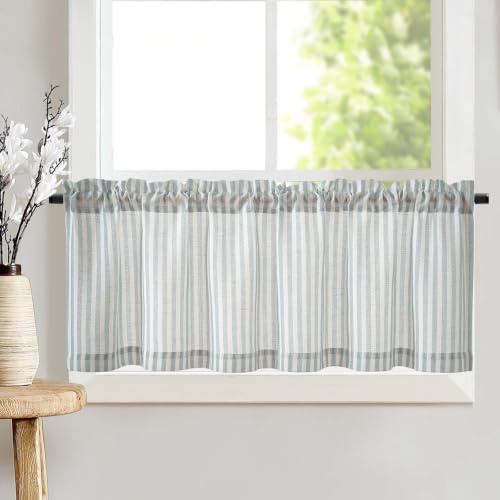 TOPICK Light Blue Striped Kitchen Curtain, Cafe Valance W50 xL16 1 PC | Linen Look Light Filtering Small Short Curtains for Living Room, Bathroom, Cupboard, Bedroom, Sink, Basement