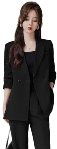 JJDFW - Completo da donna a doppio petto con giacca e pantaloni, due pezzi, a maniche lunghe, per ufficio e lavoro, Nero , L