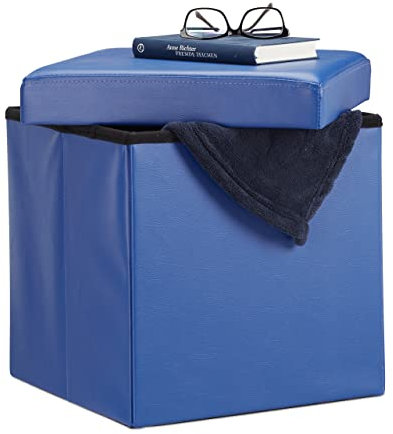 Relaxdays Faltbarer Sitzhocker, Sitzcube mit Stauraum Deckel, Fußablage, Sitzwürfel aus Kunstleder 38x38x38cm, Lederimitat, Blau