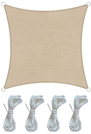Rebecca Mobili Vela Ombreggiante Tenda Da Esterno Quadrata Beige Outdoor Protezione Uv Con Corde Piscina Barca Giardino 5x5 mt (Cod. RE6338)