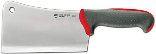 Sanelli Ambrogio Linea TECNA Colore Falcetta, Mannaretta Professionale per Tranciare Carne e Pesce. Manico Rosso Igienico ed Antiscivolo, Acciaio Inossidabile, 18 Cm