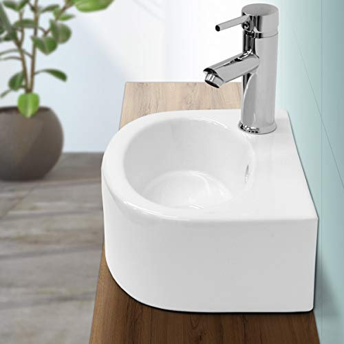 ECD Germany Waschbecken aus Keramik in Weiß 355x255x130 mm, Hahnloch rechts, Abgerundete Aufsatzbecken Aufsatzwaschbecken Handwaschbecken Aufsatzwaschtisch Badezimmer Waschtisch Waschschale Waschplatz