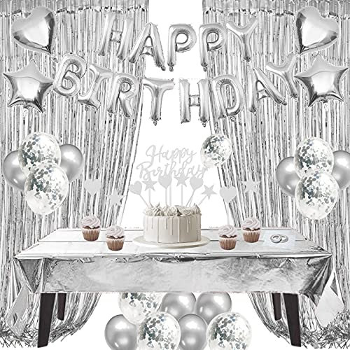 ZERODECO Geburtstagsdeko Silber Set, Happy Birthday Buchstaben Ballons Tischdecke Cake Topper Folienvorhänge Mylarfolie Stern und Herzform Ballons Konfetti Luftballons für Geburtstags Party Deko