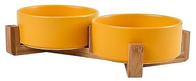 doppie ciotole in ceramica per gatti e cani di piccola taglia da 12.8cm l'una in bambù, 2x400ml rialzate e sollevate da terra con base antiscivolo (DOPPIE 12.8 CM, GIALLO)