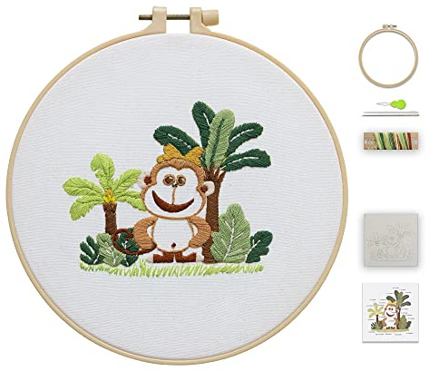 Ebherys Level 1 Embroidery Kits for Beginners and Adults, Different Animals Pattern, 1set as a Pack, inculde 1 Hoop, Instruction and Enough Threads, Easy and Basic Stitches (Monkey)
