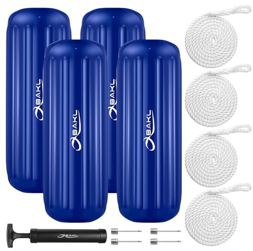 OBAKL Boat Fenders 4 Pack 10 x 28 Inches Ribbed Center Hole Boat Fenders Bumpers for Docking, Comes with Ropes and Pump to Inflate(Blue)