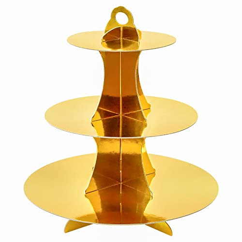 Soleebee Soporte para tartas de cartón, 3 niveles, soporte para cupcakes, soporte para torre de postre, soporte para magdalenas, soporte para tartas (1 unidad, dorado)